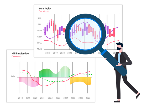 Mann analysiert digitalen Bericht mit Daten  Illustration