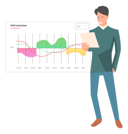 Mann analysiert digitalen Bericht mit Daten  Illustration