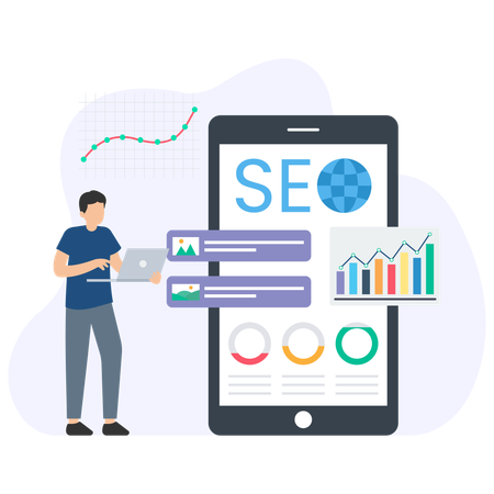 Mann analysiert SEO auf Mobilgeräten  Illustration