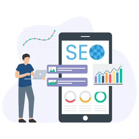 Mann analysiert SEO auf Mobilgeräten  Illustration