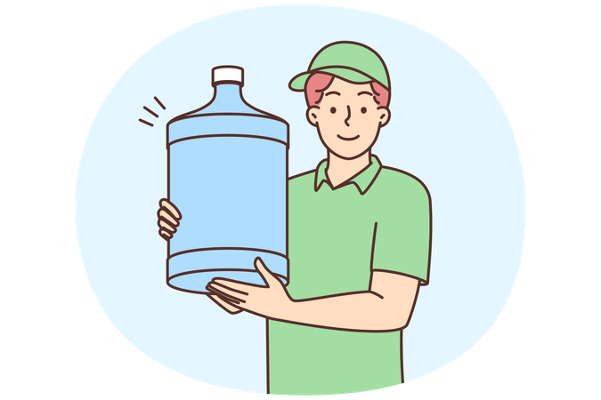 Mann arbeitet als Wasserlieferant und hält große Wasserkühlerflasche in den Händen  Illustration