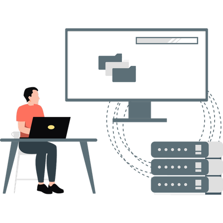 Mann arbeitet am Laptop an einem Backup-Server  Illustration