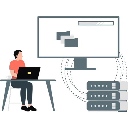 Mann arbeitet am Laptop an einem Backup-Server  Illustration