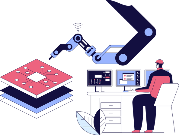 Mann arbeitet am Computer für KI-Chip  Illustration