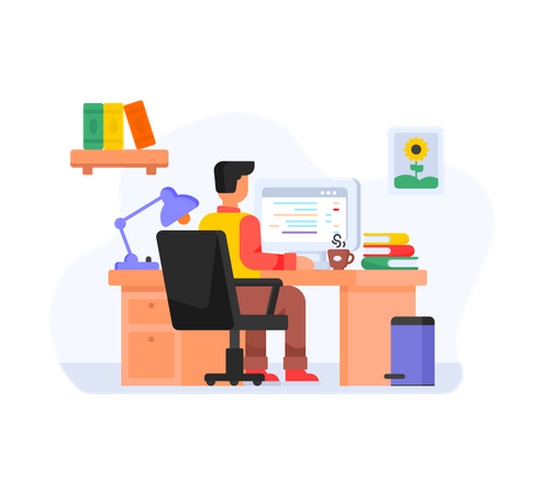 Mann arbeitet am Computer im Büro  Illustration