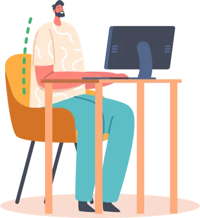 Mann arbeitet mit korrekter Sitzposition am Computer  Illustration