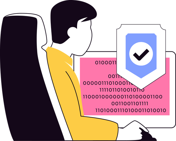 Mann arbeitet am Computer und schützt dabei das System  Illustration