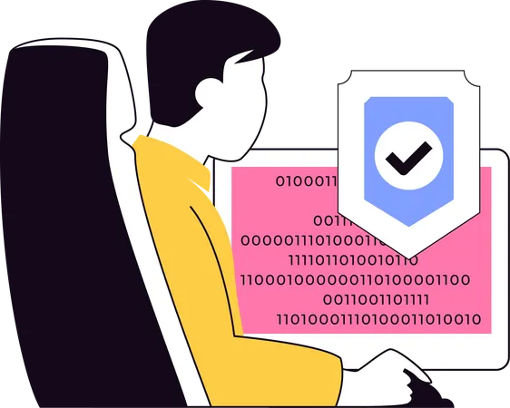 Mann arbeitet am Computer und schützt dabei das System  Illustration