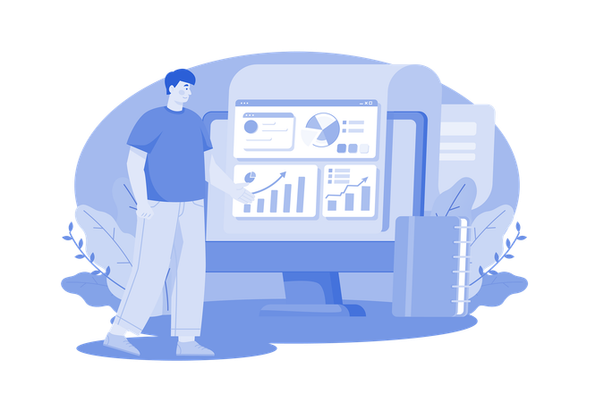 Mann arbeitet am Geschäftsdatenblatt  Illustration