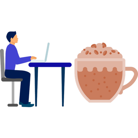 Mann arbeitet am Laptop und trinkt Kaffee  Illustration