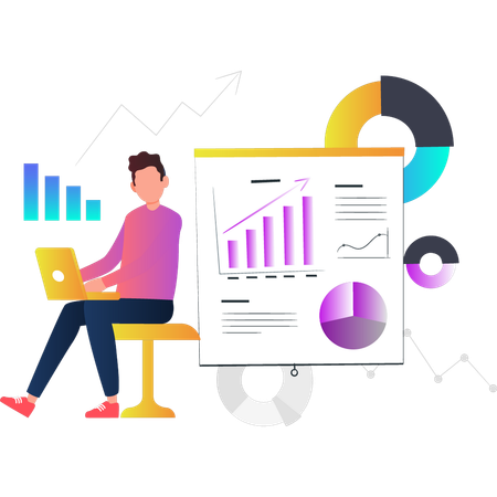 Mann arbeitet an einem Balkendiagramm auf einem Laptop  Illustration