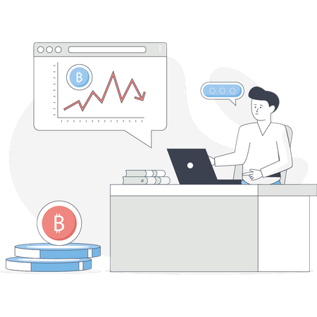 Mann arbeitet an Bitcoin-Diagramm-Rezession  Illustration