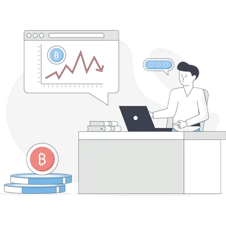 Mann arbeitet an Bitcoin-Diagramm-Rezession  Illustration