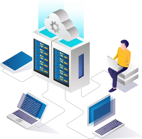 Mann arbeitet an Cloud-Server  Illustration