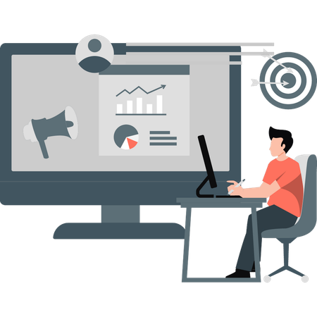 Mann arbeitet an einem Diagramm zum digitalen Marketing  Illustration