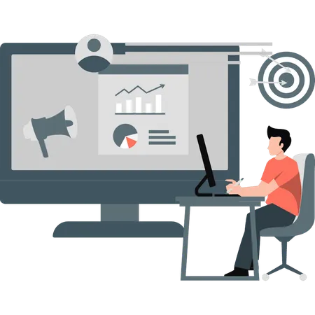 Mann arbeitet an einem Diagramm zum digitalen Marketing  Illustration