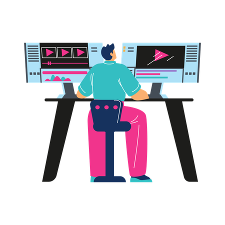 Mann arbeitet in der Postproduktion am Videoeditor  Illustration