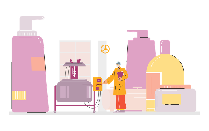 Mann arbeitet mit Fabrikmitarbeitern an einer automatischen Mischtankmaschine  Illustration