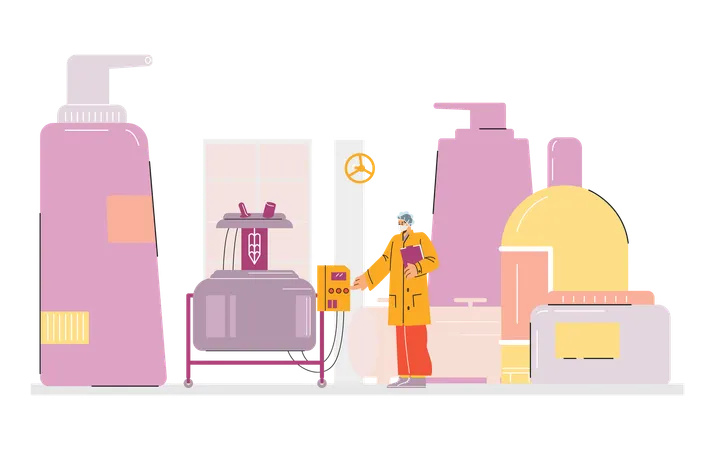 Mann arbeitet mit Fabrikmitarbeitern an einer automatischen Mischtankmaschine  Illustration