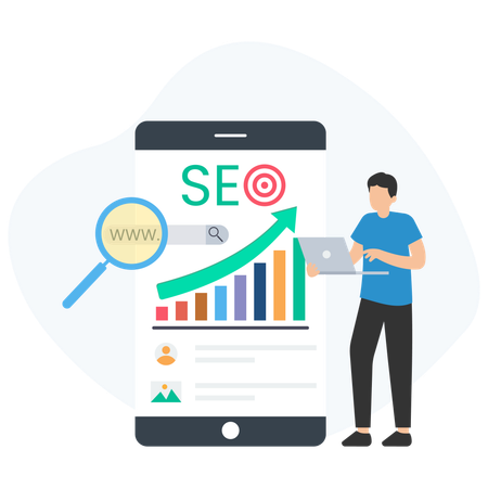 Mann arbeitet an Mobile-SEO-Analyse  Illustration