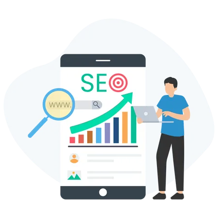 Mann arbeitet an Mobile-SEO-Analyse  Illustration