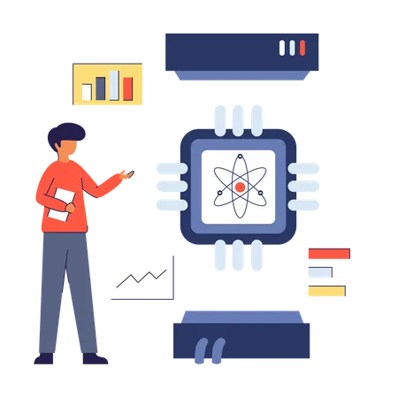 Mann arbeitet an Quantencomputern  Illustration