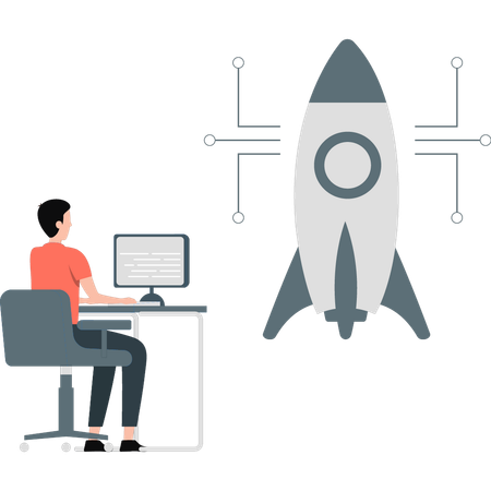 Mann arbeitet am Computer Informationen zum Raketenstart  Illustration