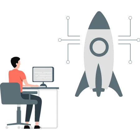 Mann arbeitet am Computer Informationen zum Raketenstart  Illustration