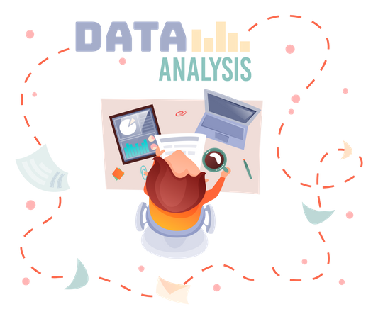 Mann arbeitet im Büro an der Datenanalyse  Illustration