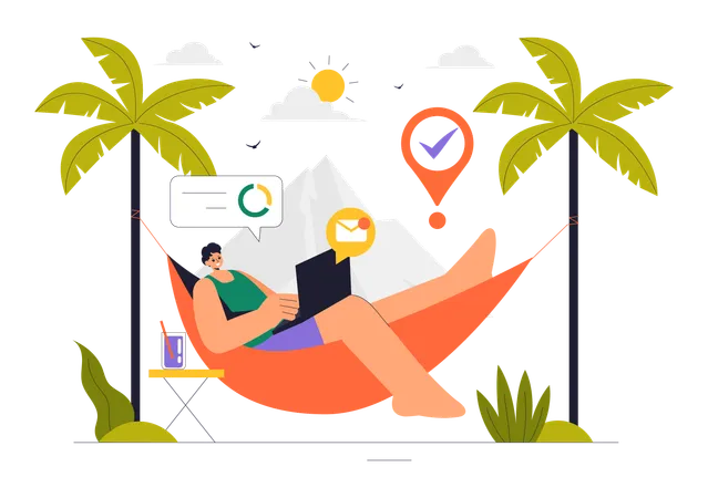 Mann bei der Arbeit im Urlaub  Illustration