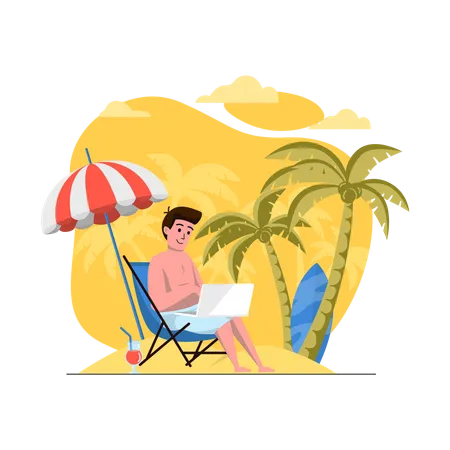 Mann arbeitet im Urlaub  Illustration