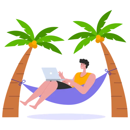 Mann arbeitet im Urlaub  Illustration