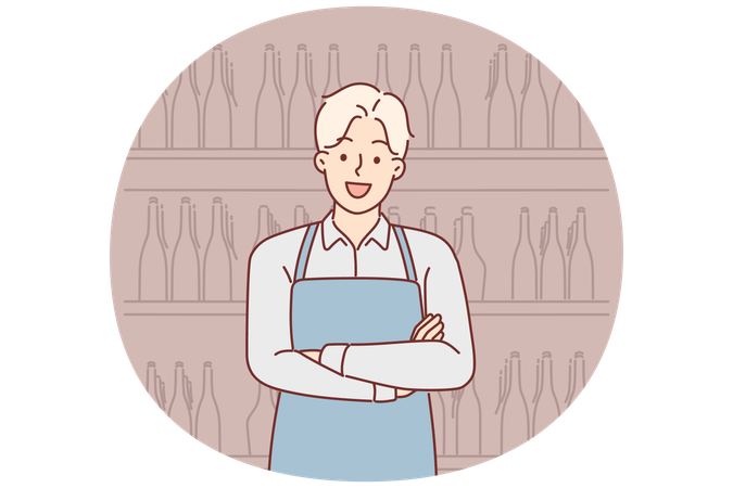 Mann arbeitet in Weingut und steht mit verschränkten Armen neben Regalen voller Weinflaschen  Illustration