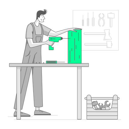 Mann arbeitet in einer Werkstatt mit einer Bohrmaschine  Illustration