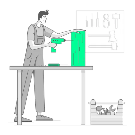 Mann arbeitet in einer Werkstatt mit einer Bohrmaschine  Illustration