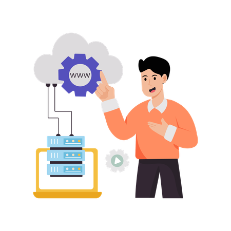 Mann arbeitet mit Cloud-Hosting-Server  Illustration