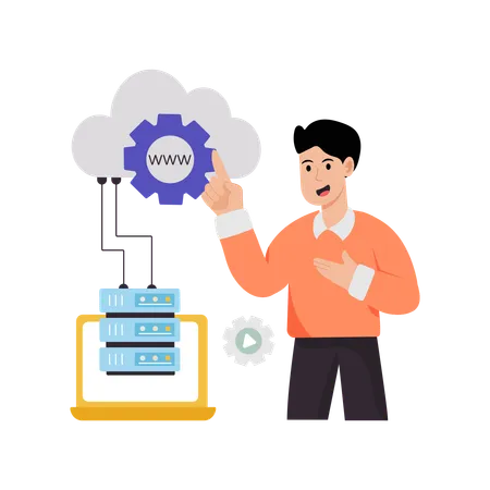 Mann arbeitet mit Cloud-Hosting-Server  Illustration