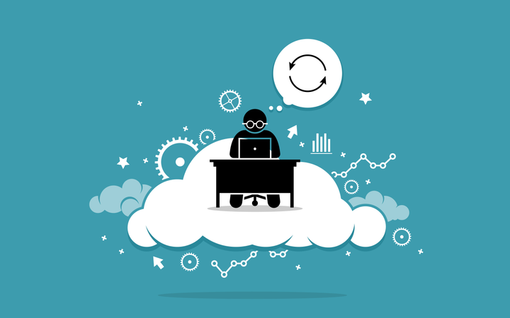 Mann arbeitet mit Computer in der Cloud  Illustration