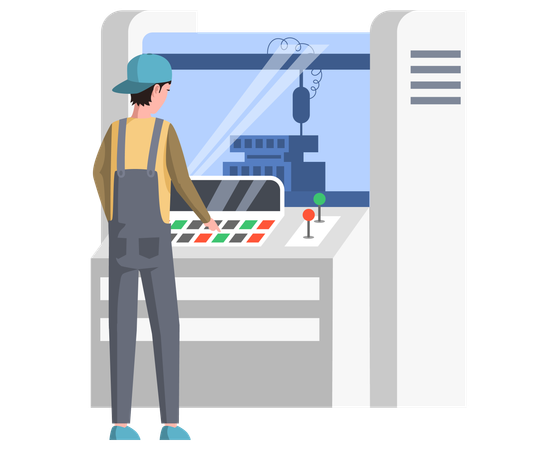 Mann arbeitet mit dem Bedienfeld eines Industriedruckers  Illustration