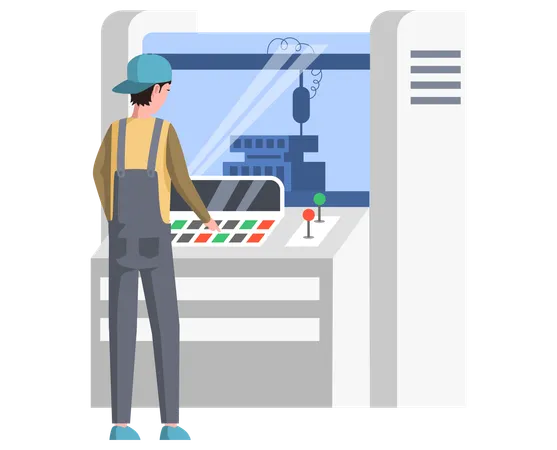 Mann arbeitet mit dem Bedienfeld eines Industriedruckers  Illustration