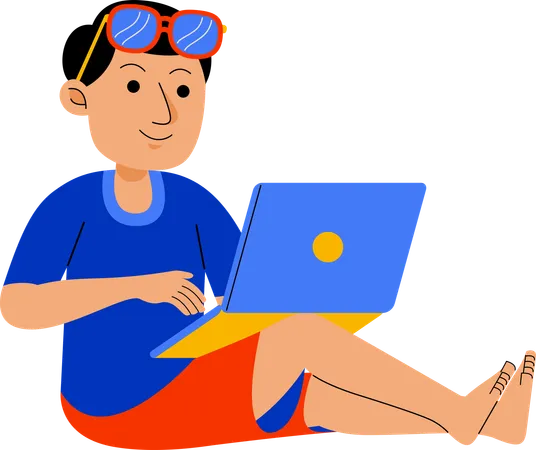 Mann arbeitet mit Laptop am Strand  Illustration