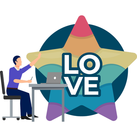 Mann arbeitet am Laptop mit Star Love  Illustration