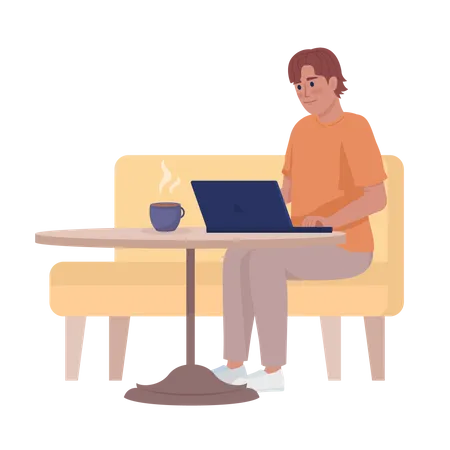 Mann arbeitet im Café remote am Laptop  Illustration