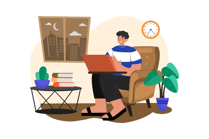 Mann arbeitet zu Hause auf dem Sofa an seinem Laptop  Illustration