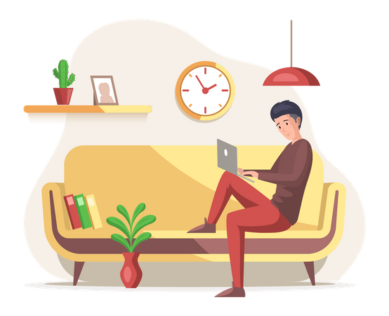 Mann arbeitet zu Hause auf der Couch am Laptop  Illustration
