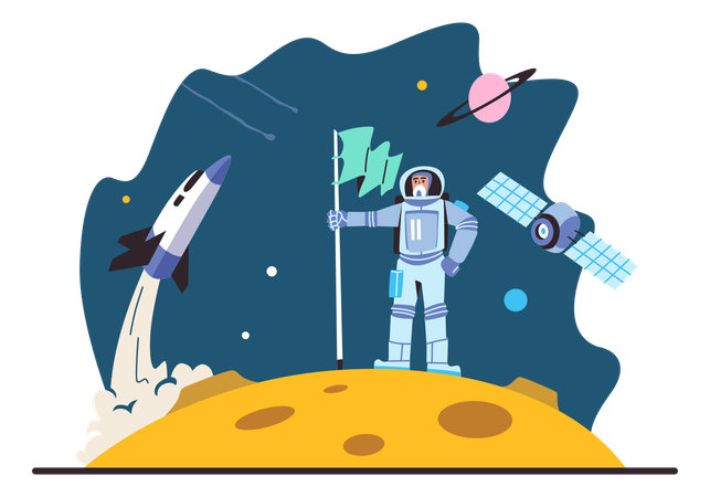 Mann-Astronaut hält Flagge im Weltraum  Illustration