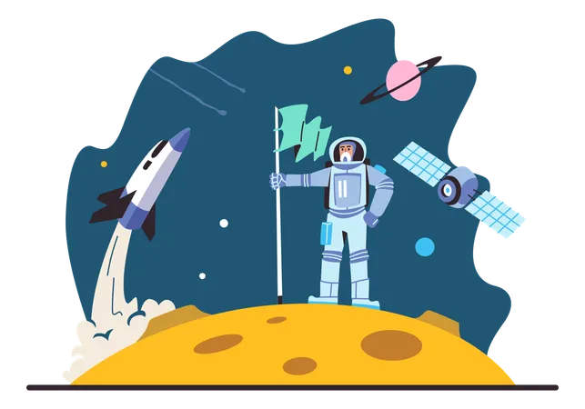 Mann-Astronaut hält Flagge im Weltraum  Illustration