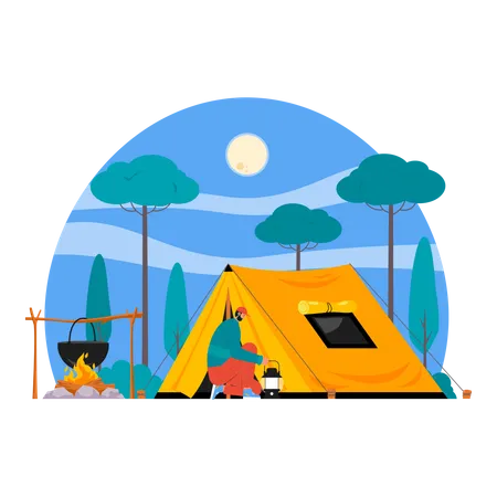 Mann beim Abenteuercamping  Illustration