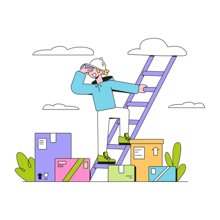 Mann auf der Treppe sucht neuen Laden  Illustration