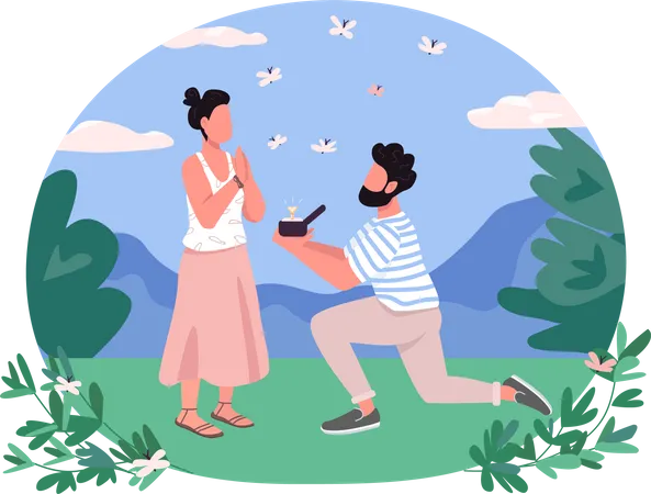 Kniender Mann überreicht Diamantring zum Heiratsantrag  Illustration